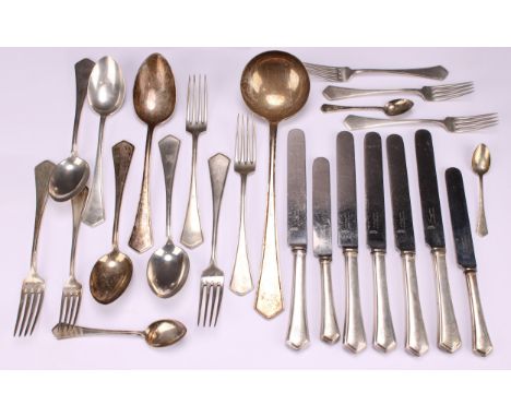 A collection of Austrian Art Deco period silver flatware, comprising a soup ladle, spoons, forks and knives, marked 800 (qty)