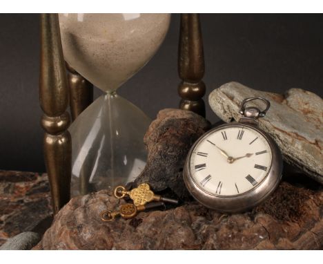 An early Victorian silver pair case pocket watch, by Deacon, Barton, 4.5cm white dial inscribed with Roman numerals, key wind