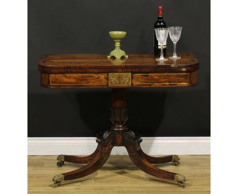 A Regency rosewood and brass marquetry card table, in the manner of William Trotter of Ballindean JP DL, hinged top enclosing