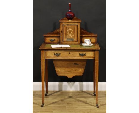 A late Victorian rosewood and marquetry bonheur du jour work table, stepped superstructure with a panel door enclosing a draw