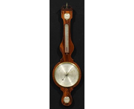 A 19th century Channel Islands mahogany wheel barometer, by P. Taroni, Jersey, 25cm circular silvered register, the case with