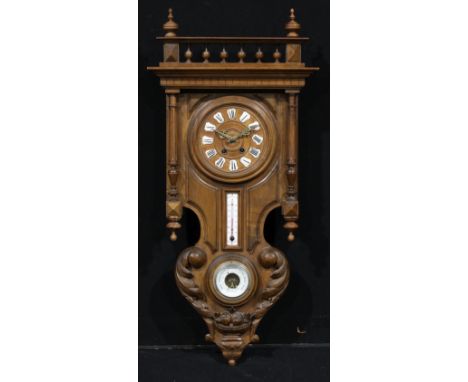 A late 19th century French walnut weather station clock, 17cm circular dial applied with Roman numerals, twin winding holes, 