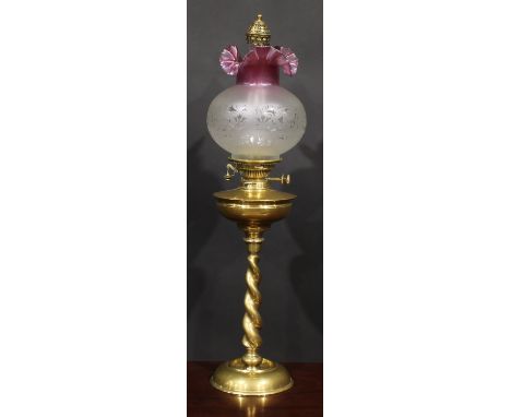 A 19th century brass oil lamp, circular brass font, Hinks's No.2 Duplex twin burner, frosted glass frill top shade, glass chi