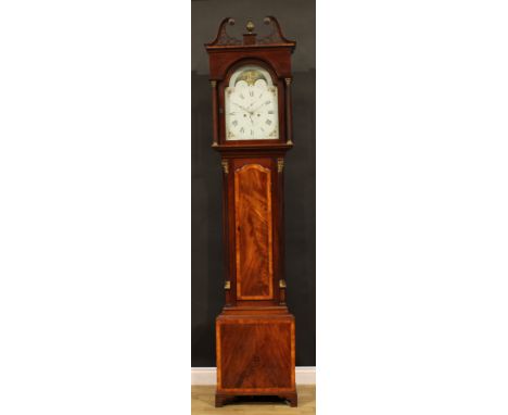 A Regency satinwood crossbanded mahogany longcase clock, 33cm arched painted dial inscribed John Morrell, Whitby., Roman and 