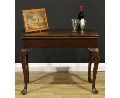 A George II mahogany concertina-action card table, hinged top enclosing a baize lined playing surface and counter wells, cabr