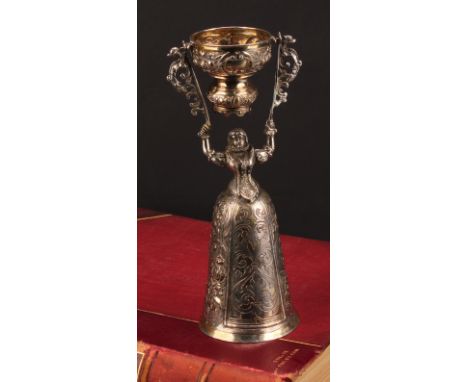 A Continental silver wager cup, of Renaissance figural design, 21.5cm high, apparently unmarked, 19th century 