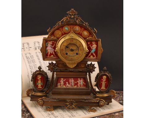 A French Etruscan Revival gilt bronze and porcelain mounted mantel clock, 8.5cm dial with Roman numerals, twin-winding holes,