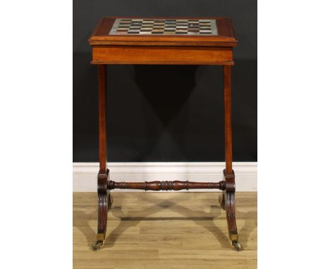 A 19th century mahogany and specimen marble games table, square top with moulded edge and inset playing surface, inlaid for c