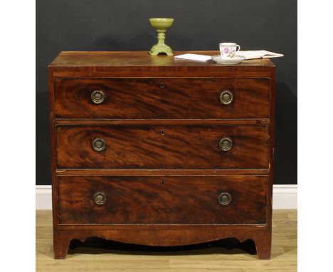 A George III mahogany caddy top chest, of three long cockbeaded drawers, shaped apron, bracket feet, 81cm high, 90cm wide, 44