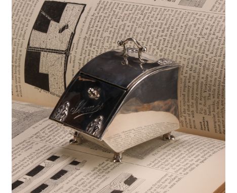 A late Victorian silver purdonium standish, "Stamps", the inkwell with glass liner, hinged fall front and cover, 7cm high, Bi