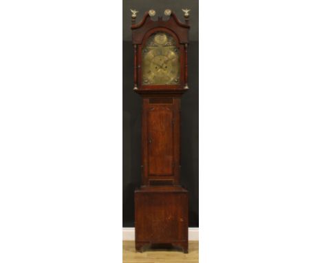 A George III Cornish oak and mahogany longcase clock, 33cm arched brass dial inscribed Roger Wearn, ST. ERTH, 1805, Roman and