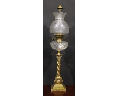 A 19th century brass oil lamp, clear cut glass font, Hinks No.2 Safety twin burner, ovoid frosted clear glass shade with fril