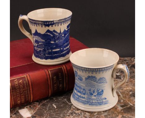 Railway Interest - steam locomotives, a 19th century Staffordshire blue and white transfer printed mug, with a train and carr
