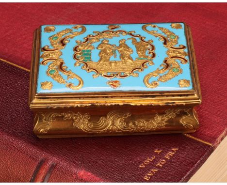 An 18th century gilt metal and enamel waisted rectangular table snuff box, hinged cover decorated in gilt with Orientalist fi