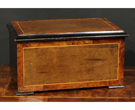 A 19th century Swiss parcel-ebonised amboyna banded bells-in-sight music box, 15.5cm cylinder playing airs on a one-piece com
