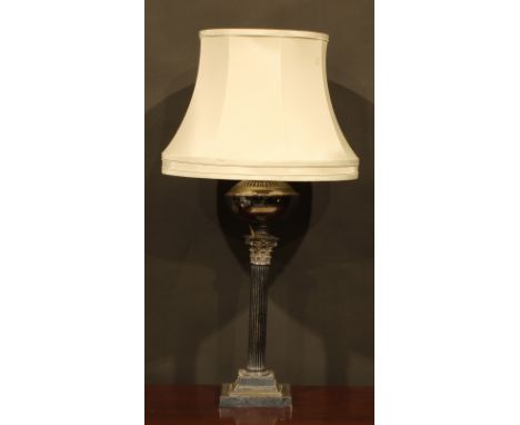 An Edwardian E.P.N.S Corinthian column table lamp, of military interest, engraved with the insignia of The Middlesex Regiment