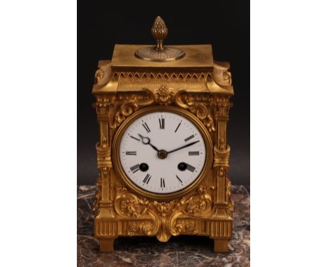 A Louis XVI Revival gilt bronze mantel clock, 8cm circular enamel dial inscribed with Roman numerals, twin winding holes, eig