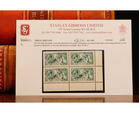 Stamps - GV 1913 £1 dull blue green block of four bottom r/h corner, well centered unmounted mint, a very rare example Spec. 