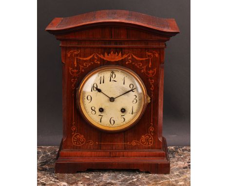 An early 20th century rosewood and marquetry mantel clock, 12cm circular dial inscribed with Arabic numerals, twin winding ho