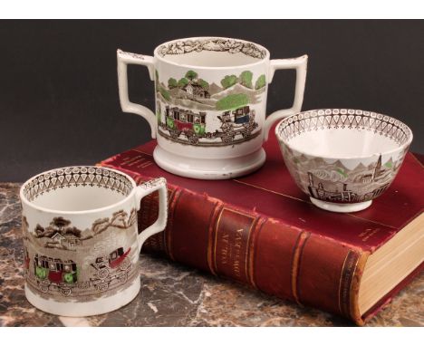 Railway Interest - steam locomotives, a 19th century Staffordshire pearlware two handled loving cup, printed in sepia tones, 
