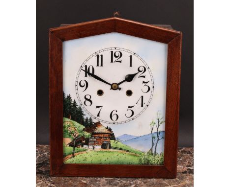 An Arts &amp; Crafts period oak wall clock, 20cm enamel dial decorated with an Alpine chalet, Arabic numerals, twin winding h