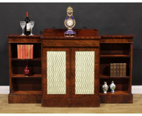 A Post-Regency mahogany break-centre low library bookcase, by J. Russell, upholsterer, cabinet maker, paper hanger, &amp;c, &