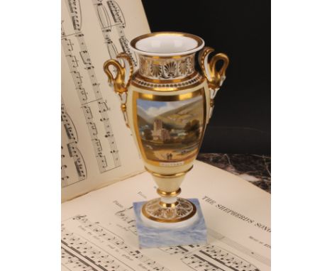 A Chamberlains Worcester named view urnular vase, the painted view within broad gilt border, inscribed Malvern, on pale yello