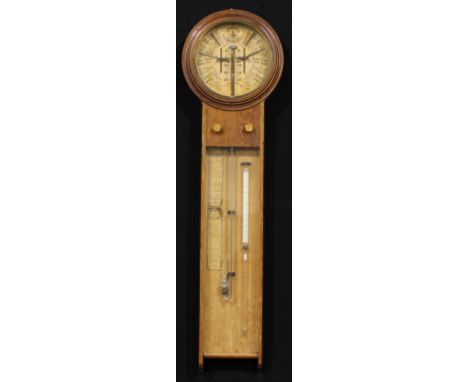 An early 20th century oak Royal Polytechnic type barometer, in the manner of Admiral Fitzroy, 25cm circular register printed 
