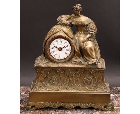 A late 19th century French brass figural mantel clock, 5.5cm circular enamel dial inscribed with Roman numerals, the case cas