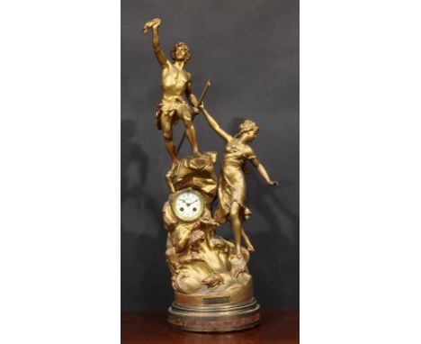 An early 20th century French gilt spelter figural table clock, Sauvetage, 7.5cm circular dial inscribed with Arabic numerals,