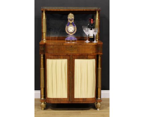 A Regency rosewood, brass marquetry and giltwood and gesso pier cabinet, three-quarter gallery above a rectangular mirror pla