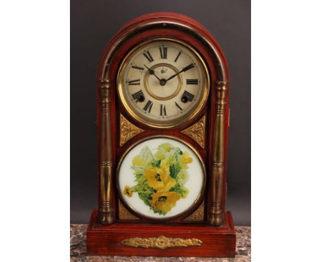 An early 20th century simulated rosewood mantel clock, by the Owari Clock/Watch Company, 16cm circular dial inscribed MADE IN