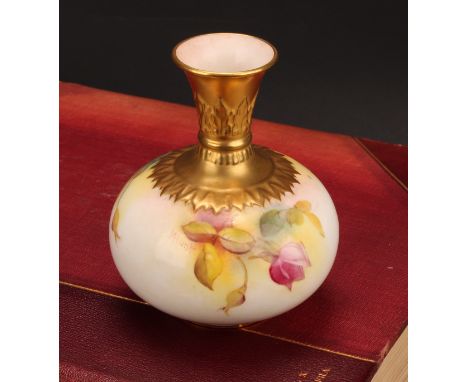 A Royal Worcester compressed ovoid vase, painted by M. Hunt, signed, with Hadley style roses, gilt neck and shoulder, 10cm hi