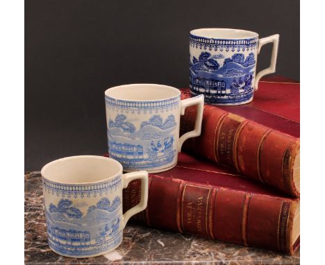 Railway Interest - steam locomotives, a 19th century Staffordshire blue and white transfer printed mug, with a train and carr
