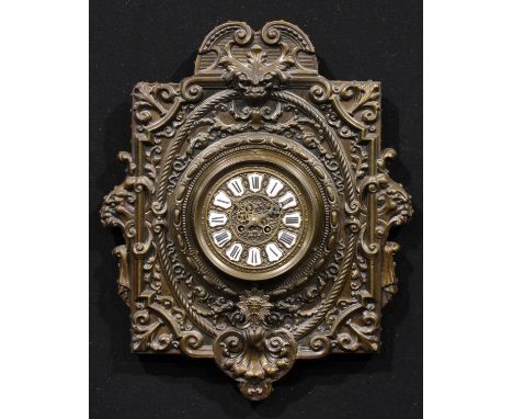 A late 19th century French wall clock, 14.5cm circular dial inscribed upon enamel reserves with Roman numerals, twin winding 