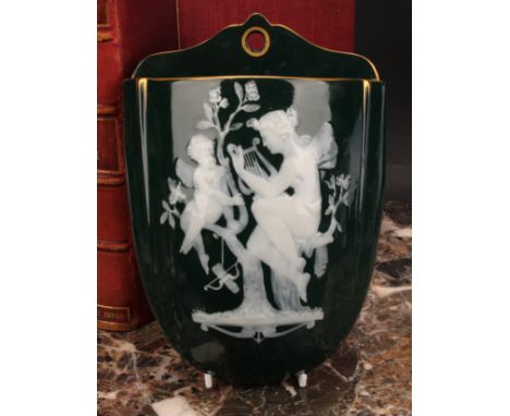 A late 19th century George Jones &amp; Sons pate-sur-pate wall pocket, by Frederick Schenck, signed, decorated in relief with