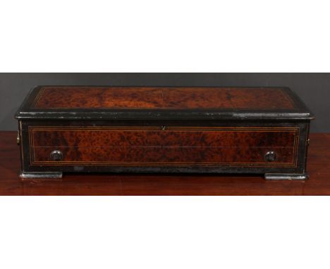 A 19th century Swiss walnut and ebonised music box, 32cm cylinder playing on a one-piece comb, cranking handle, carry handles