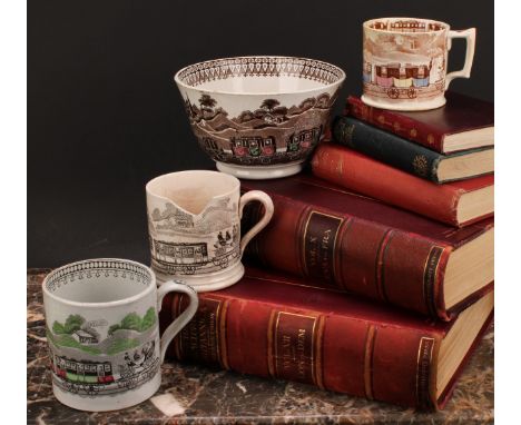 Railway Interest - steam locomotives, a 19th century Staffordshire pearlware mug, printed in sepia tones, picked out in brigh