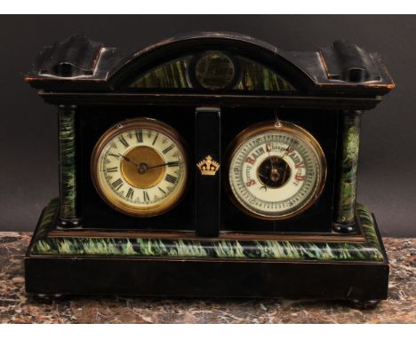 A late 19th century scumbled and ebonised combination mantel timepiece and aneroid barometer, 8cm clock dial inscribed with R