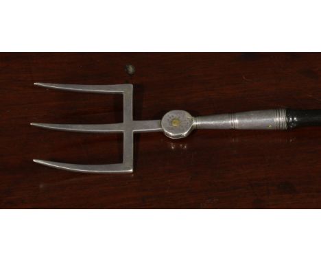 A George III silver toasting fork, the three-prong terminal adjustable on a pivot, turned ebonised handle, 9cm long, London 1
