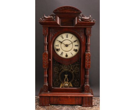 A 19th century American musical shelf clock, 14cm painted dial inscribed with Roman numerals, three winding holes, eight-day 