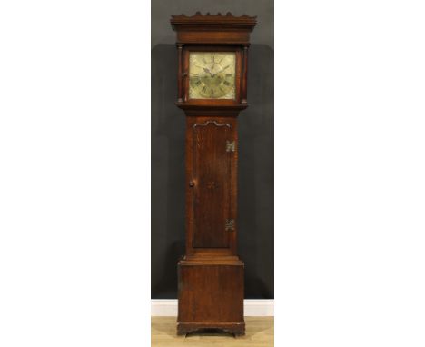 A George III oak longcase clock, 32cm square brass dial inscribed Natl Sanders, MANCHESTER, Roman and subsidiary Arabic numer