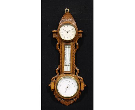A late Victorian oak wall hanging combination timepiece, aneroid barometer and thermometer, 9cm clock dial inscribed with Rom