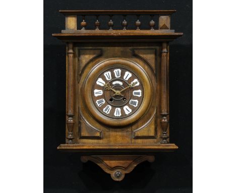 A late 19th century French Côte-d'Or walnut wall timepiece, 18.5cm circular clock dial applied with Roman numerals and a plaq