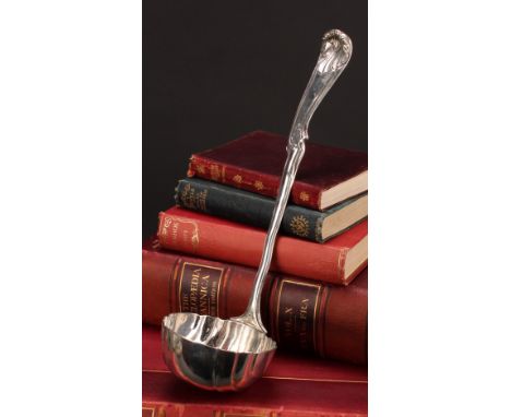 An 18th century German Rococo soup ladle, the stem and heel with trailing fruiting vine, 33cm long, Augsburg, c.1770, 262g 