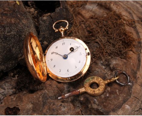 A late 19th century Swiss lady's gold hunter pocket watch, Breguet, white enamel dial, Arabic numerals, 4cm over suspension l