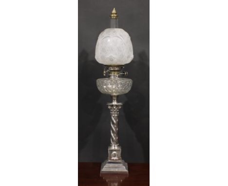 A 19th century silver plated oil lamp, Hawksworth, Eyre &amp; Co., Limited, Sheffield, clear cut glass font, Hinks &amp; Son 