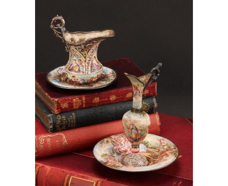 An Austrian enamel miniature ewer and basin, decorated in polychrome in the 18th century taste with courting couples in an It