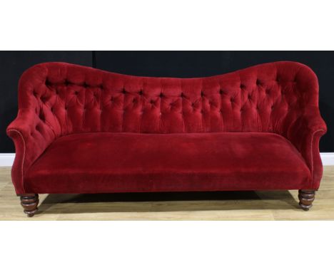 A Victorian drawing room sofa, stuffed-over upholstery, deep-button back, turned forelegs, Cope’s patent rear casters, 97cm h