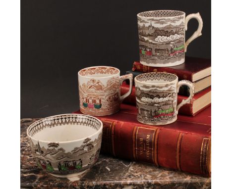 Railway Interest - steam locomotives, a 19th century Staffordshire pearlware mug, printed in sepia tones, picked out in brigh